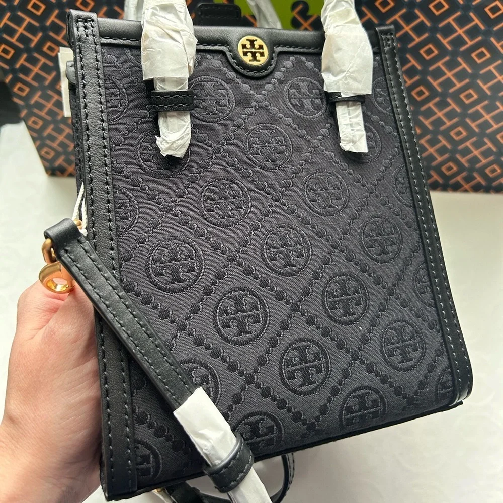 Tory Burch T Monogram Mini Tote Bag Crossbody Bag Black Jacquard